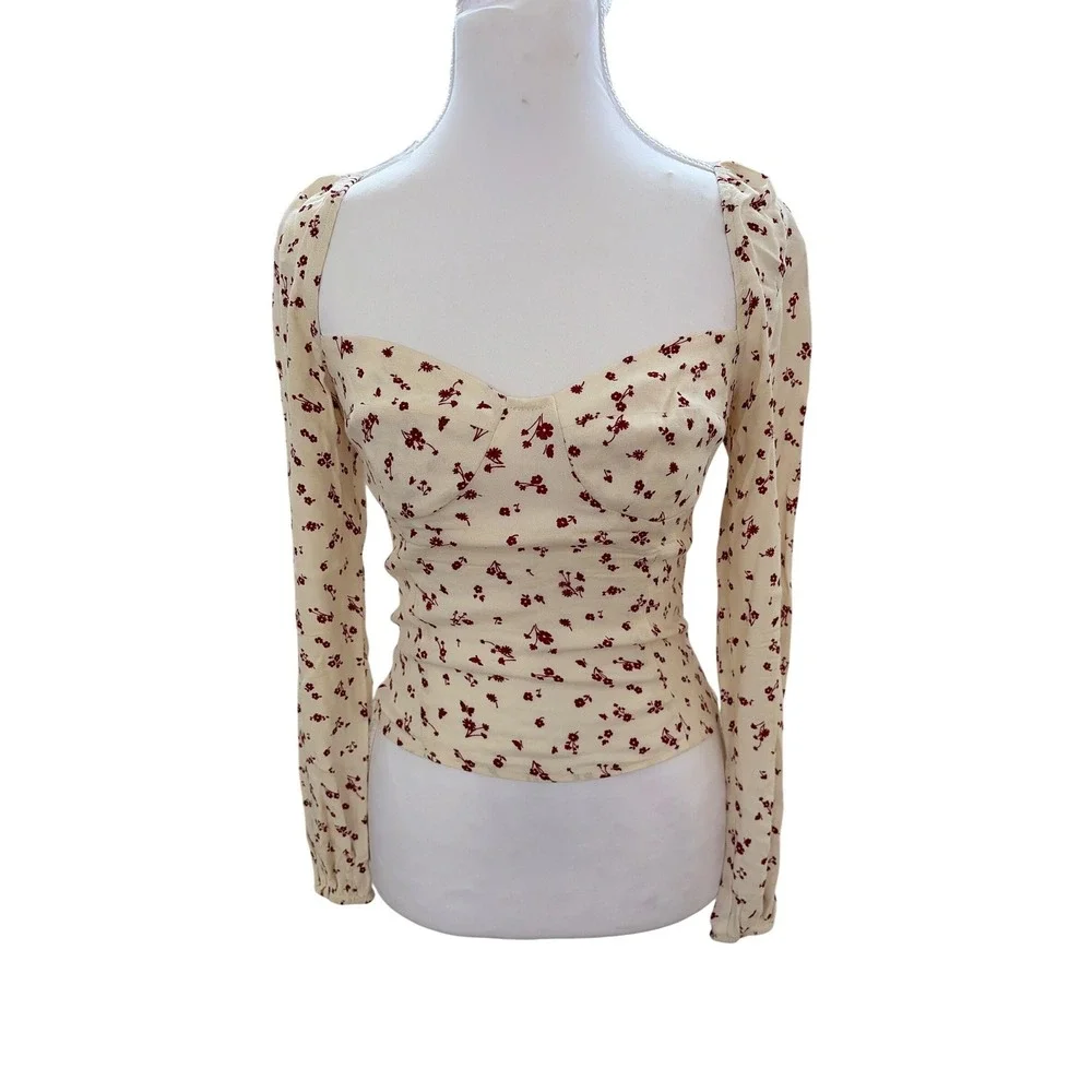 Reformation Floral‎ Sweetheart Long Smocked Top Cream 4 Coquette Corset top
